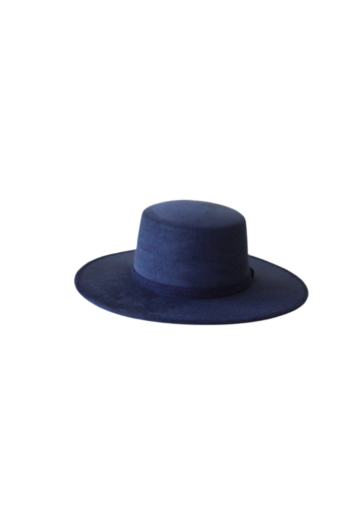 Vegan Suede Flat Top Hat-  Navy Blue