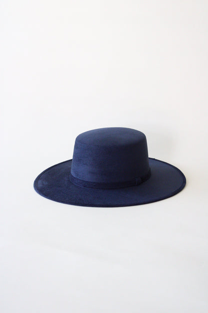 Vegan Suede Flat Top Hat-  Navy Blue