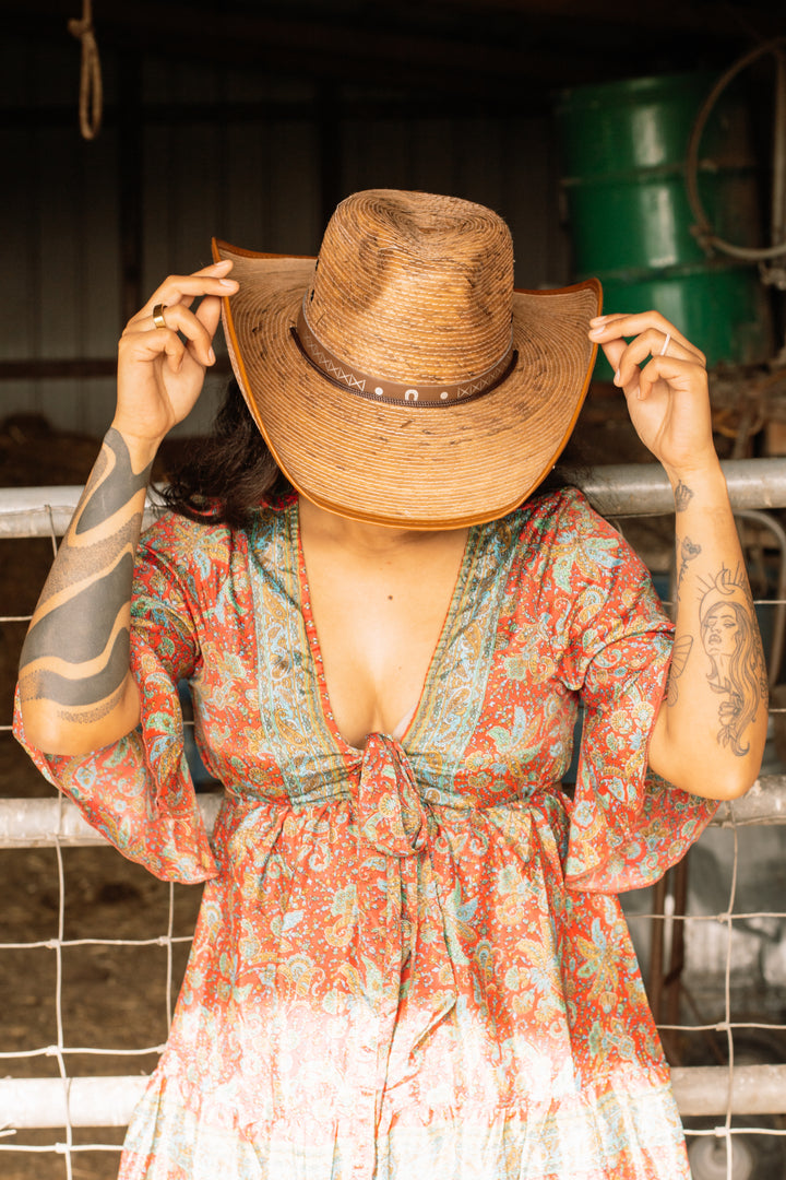 Red Rock Palm Leaf Rancher Cowboy Hat - Saddle Brown