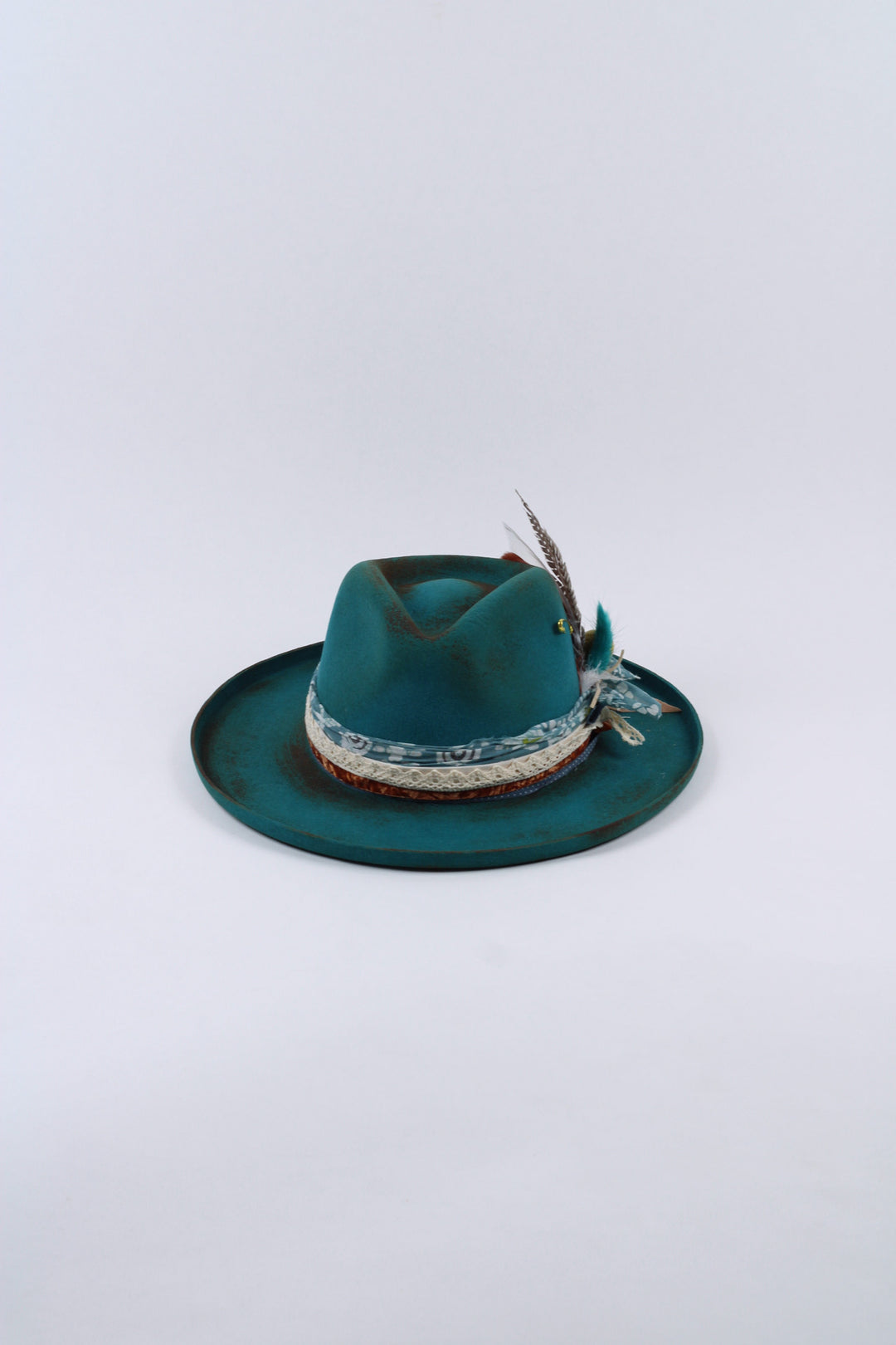 The Jamie - Wool Felt - Turquoise pencil brim distressed