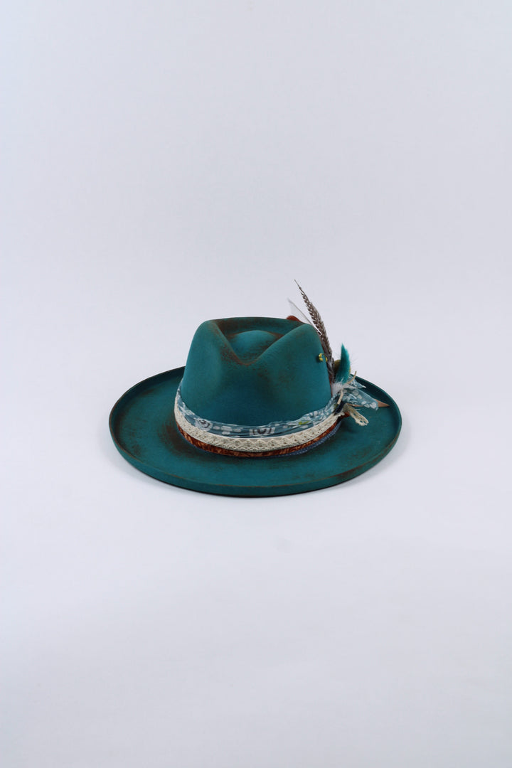 The Jamie - Wool Felt - Turquoise pencil brim distressed