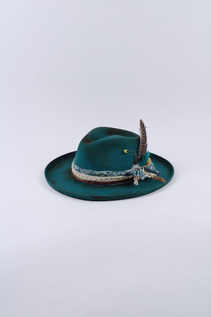 The Jamie - Wool Felt - Turquoise pencil brim distressed