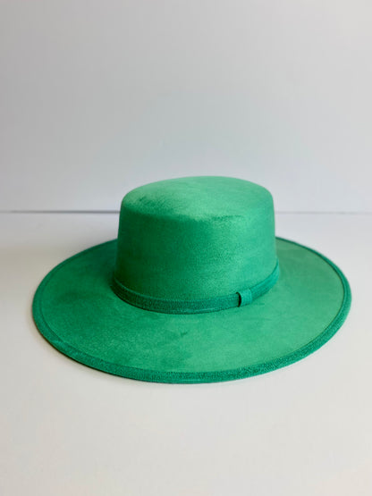 Vegan Suede Flat Top Hat- Jungle Green