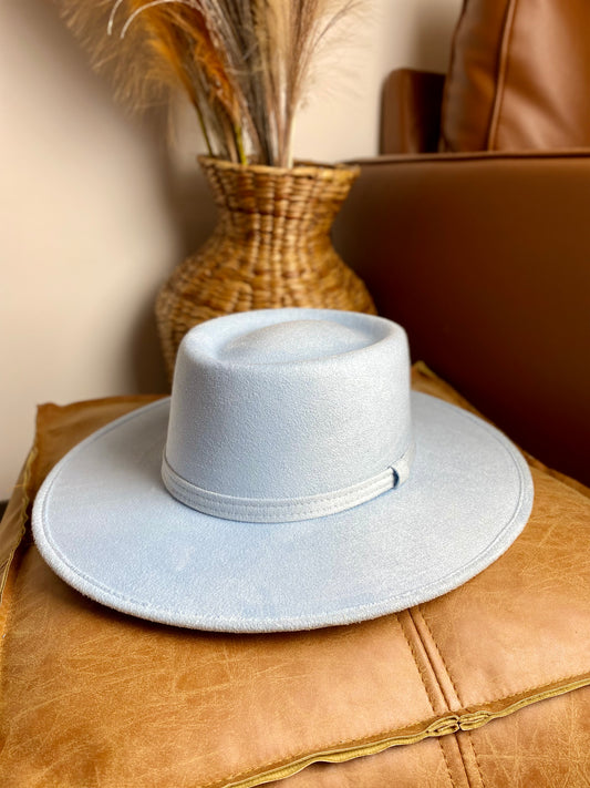 Vegan Suede Boater Hat- Sky Blue