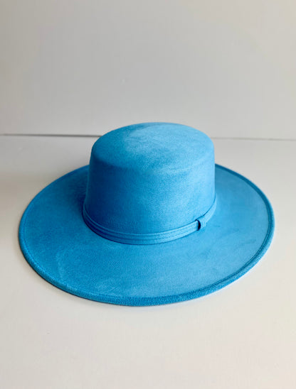 Vegan Suede Flat Top Hat- Aqua Blue