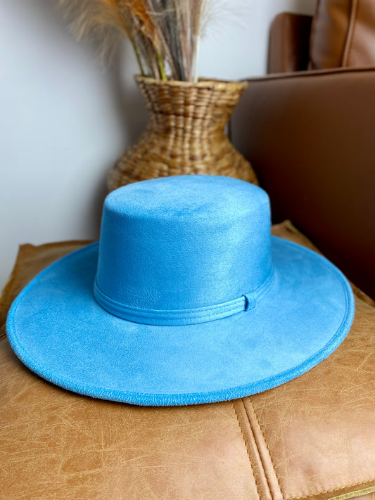 Vegan Suede Flat Top Hat- Aqua Blue