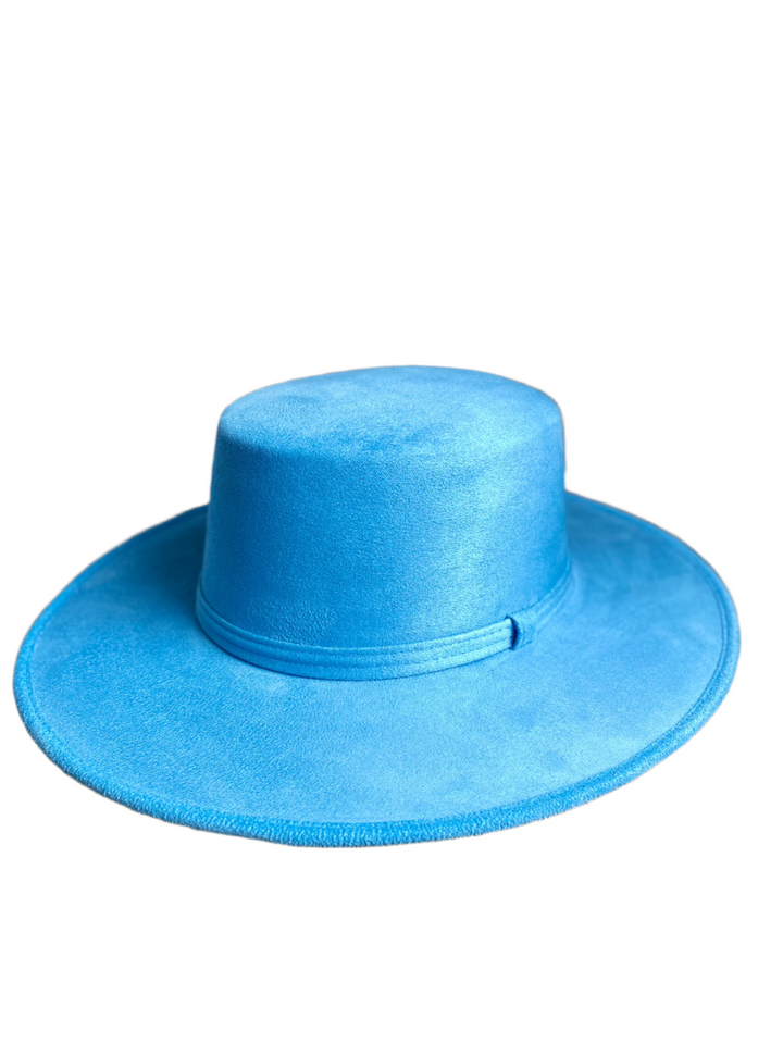 Vegan Suede Flat Top Hat- Aqua Blue