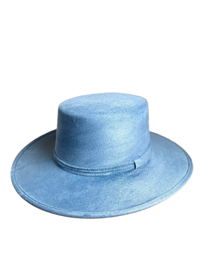 Vegan Suede Flat Top Hat- Denim Blue
