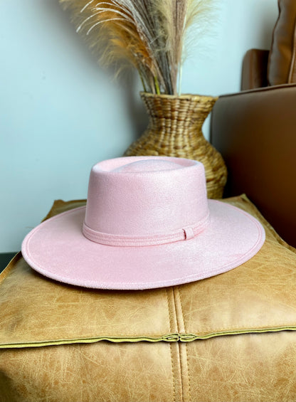 Vegan Suede Boater Hat- Blush Pink