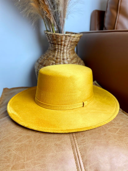 Vegan Suede Flat Top Hat- Mustard