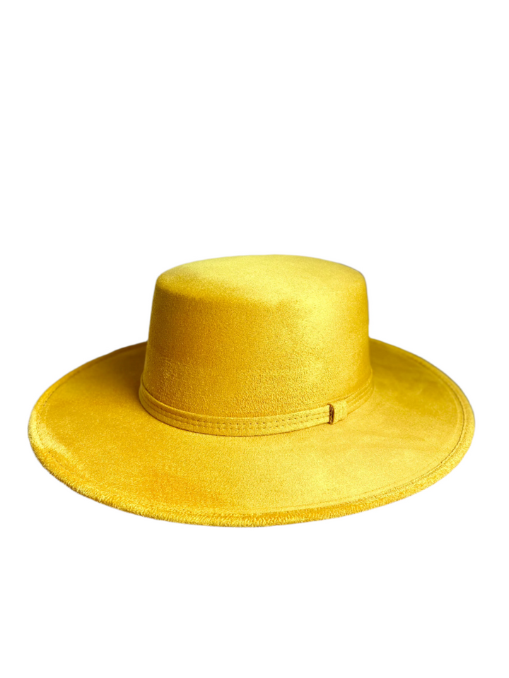 Vegan Suede Flat Top Hat- Mustard