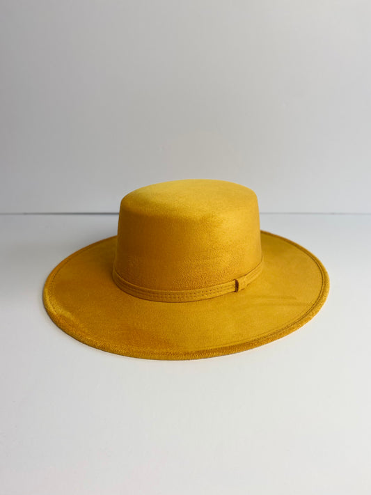 Vegan Suede Flat Top Hat- Mustard