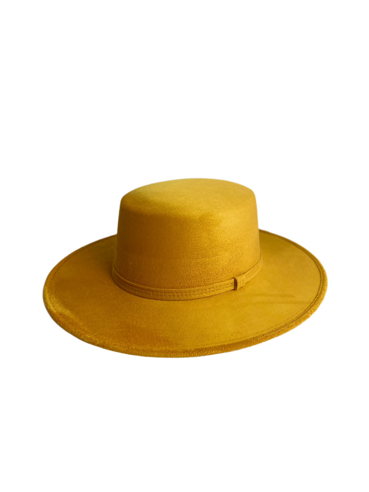 Vegan Suede Flat Top Hat- Mustard