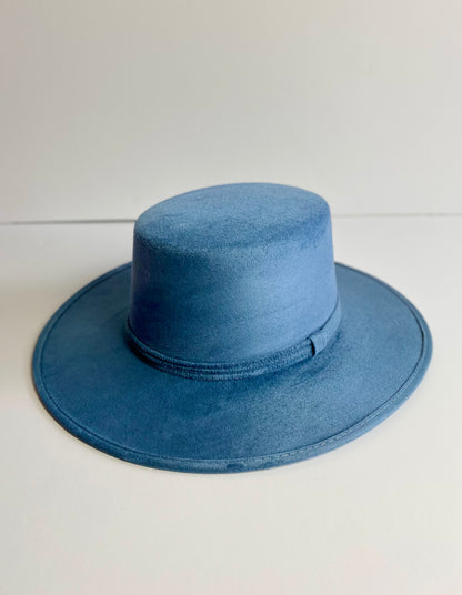 Vegan Suede Flat Top Hat- Denim Blue