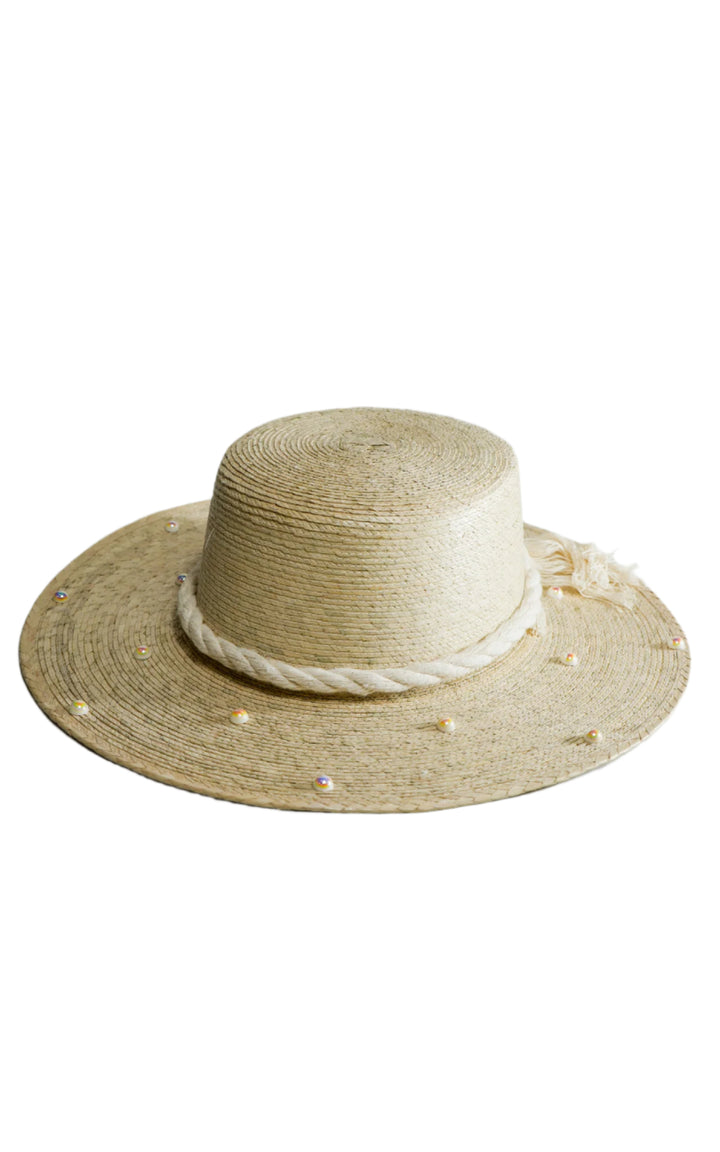 Panama Hat Flat Top with Pearls