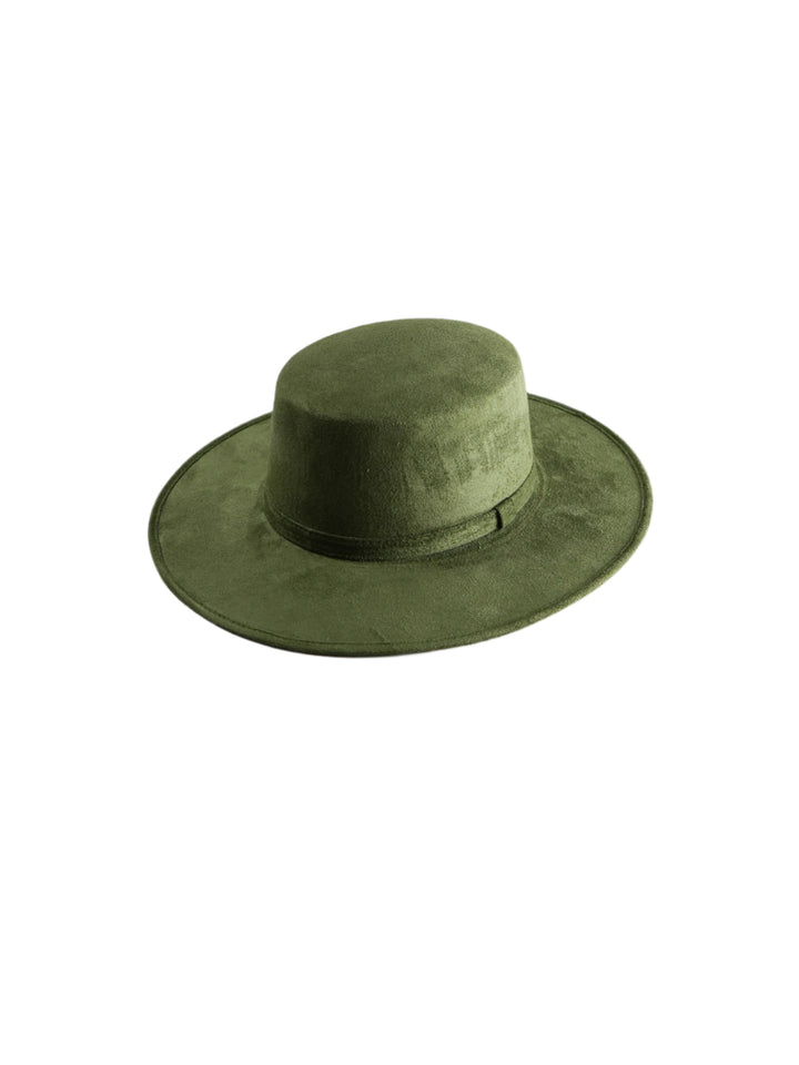 Vegan Suede Flat Top Hat- Olive Green