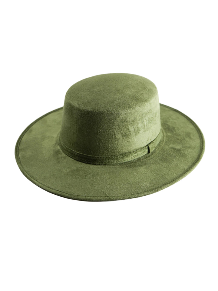 Vegan Suede Flat Top Hat- Olive Green