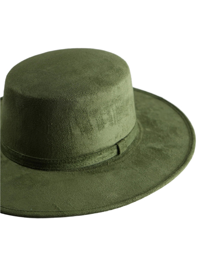 Vegan Suede Flat Top Hat- Olive Green