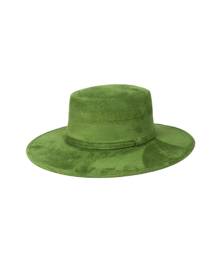 Vegan Suede Flat Top Hat- Forest Green