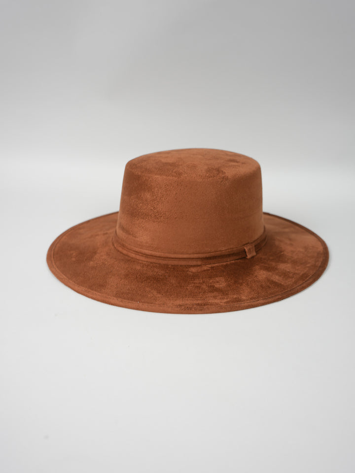 Vegan Suede Flat Top Hat- Caramel