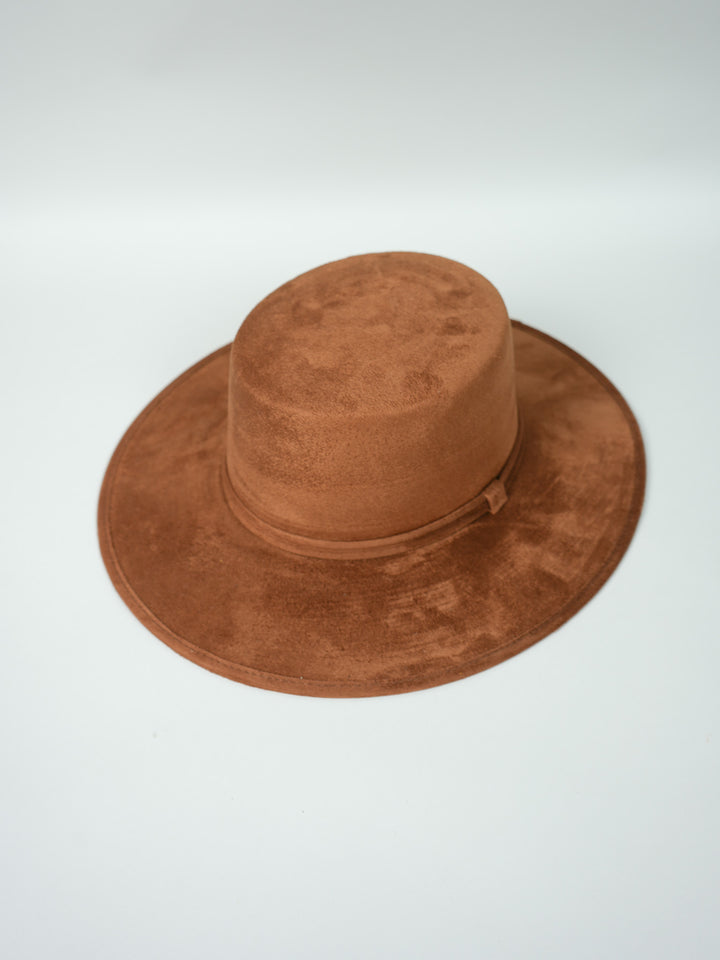 Vegan Suede Flat Top Hat- Caramel