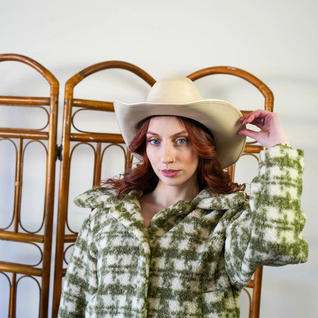 Western Cowboy Faux Leather Glittery Hat- Champagne