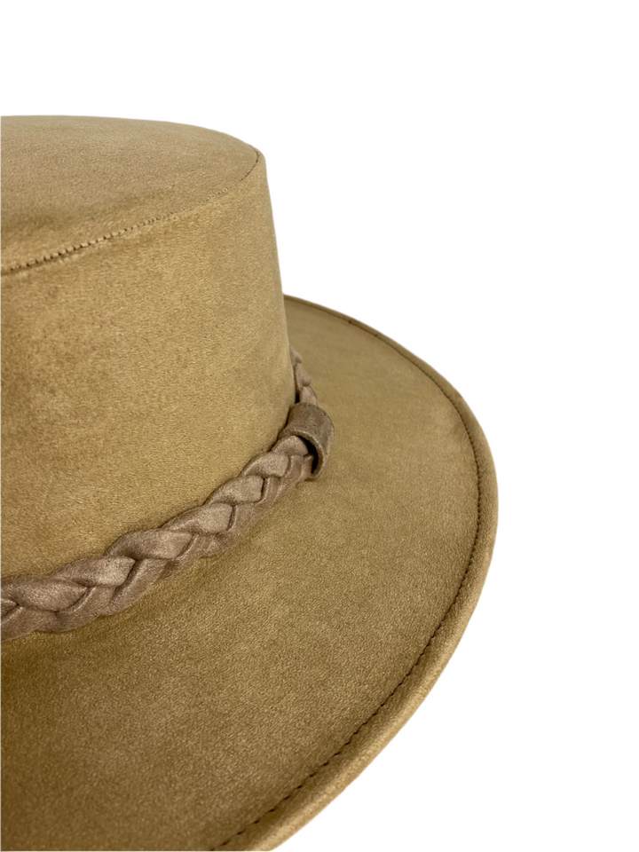 Vegan Suede Flat Top Braided Hat- Sand