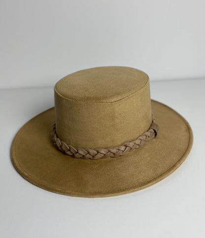 Vegan Suede Flat Top Braided Hat- Sand