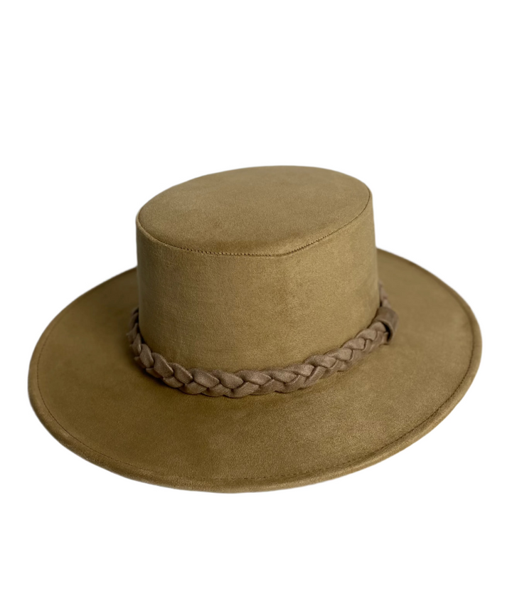 Vegan Suede Flat Top Braided Hat- Sand