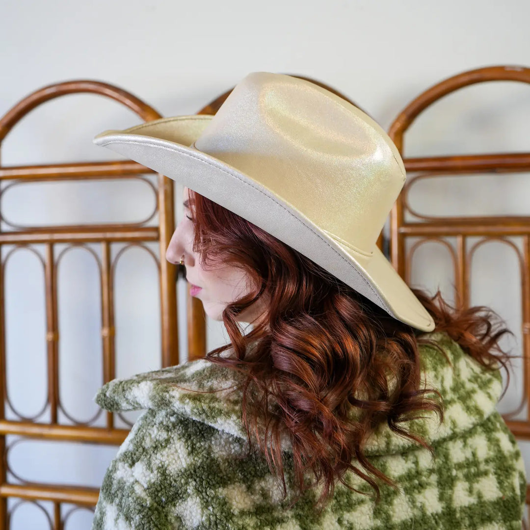 Western Cowboy Faux Leather Glittery Hat- Champagne