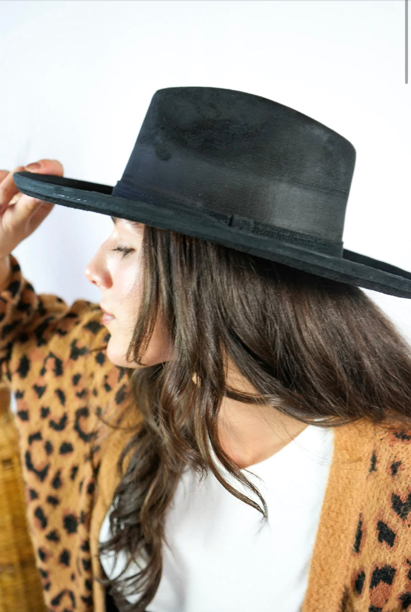 Vegan Suede Rancher Hat - Pencil Brim - Black