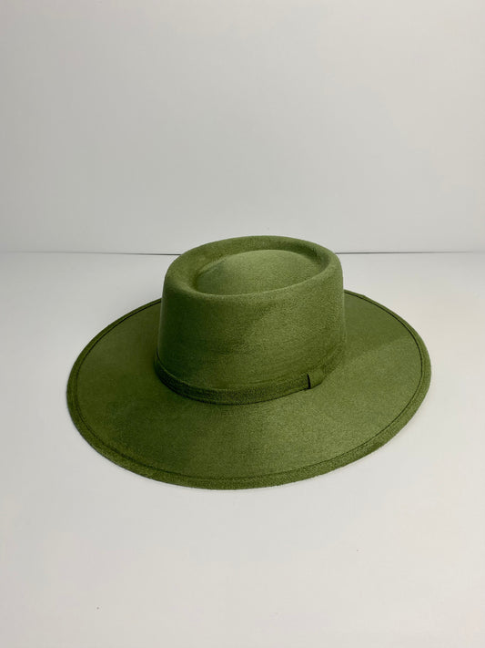 Vegan Suede Boater Hat- Forest Green