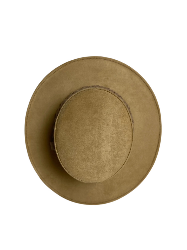 Vegan Suede Flat Top Braided Hat- Sand