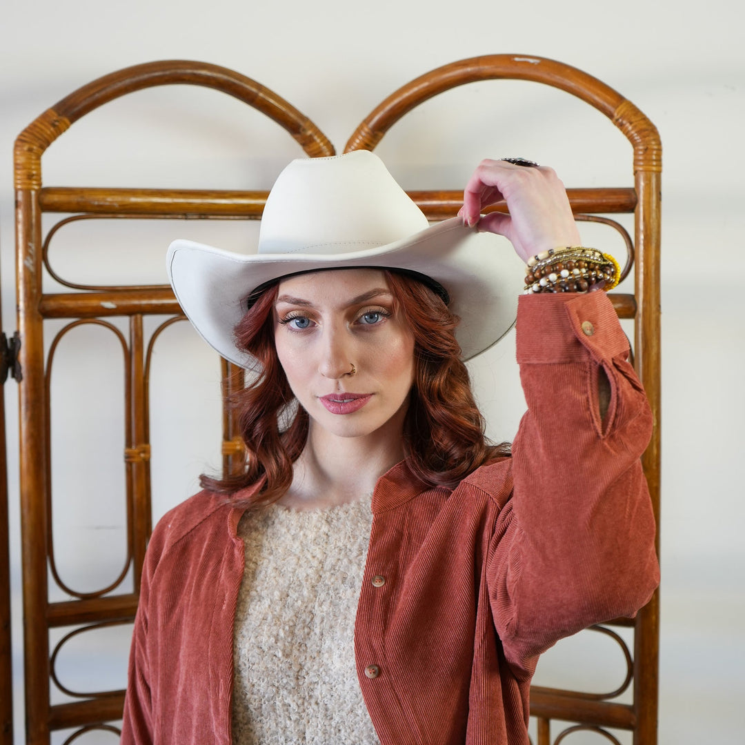 Western Cowboy Faux Leather Hat- Ivory