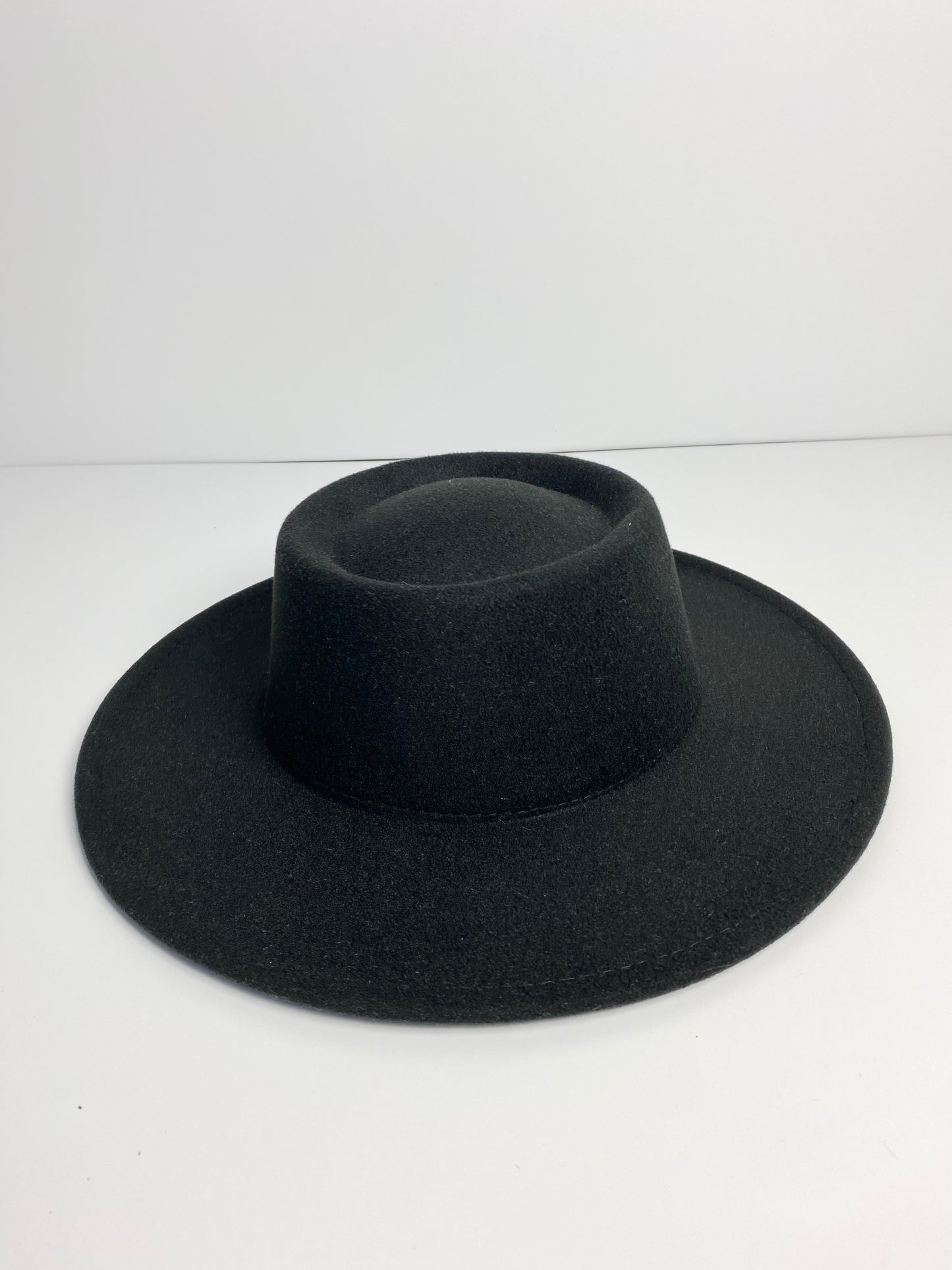 Flat Brim Boater Hat Wool Felt - Black